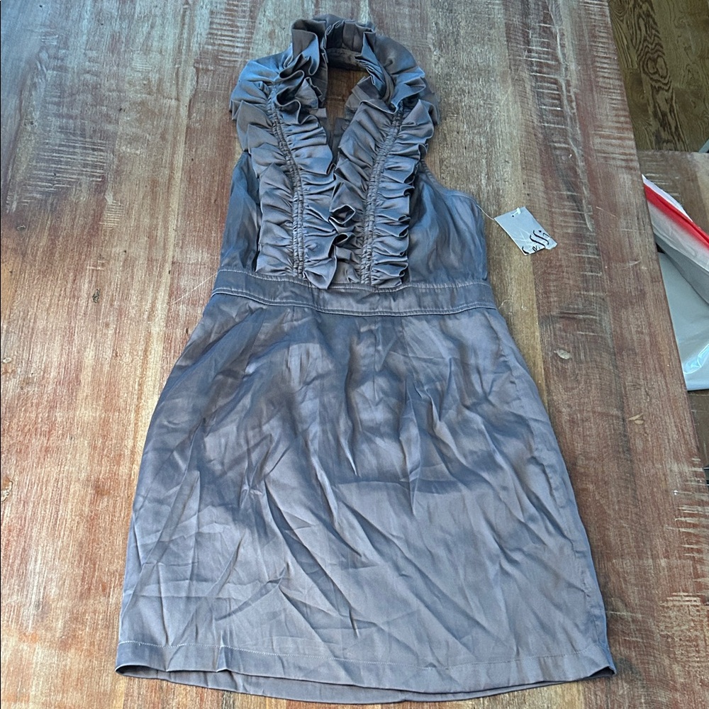 Vintage backless silver-blue halter dress with ruffled neckline